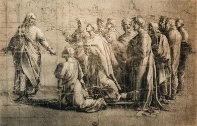 Kristus dává klíče svatému Petrovi; kresba z Raphaelovy školy. Gabinetto dei Disegni e delle Stampe, Uffizi, Florencie
